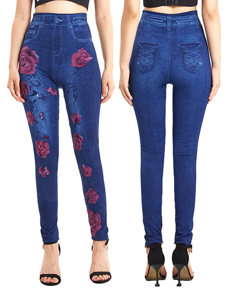 

VISNXGI Stretchy Floral Print Soft Leggings Fake Jeans Plus Size Women Pants Casual High Waist Jeggings False Denim S-3XL