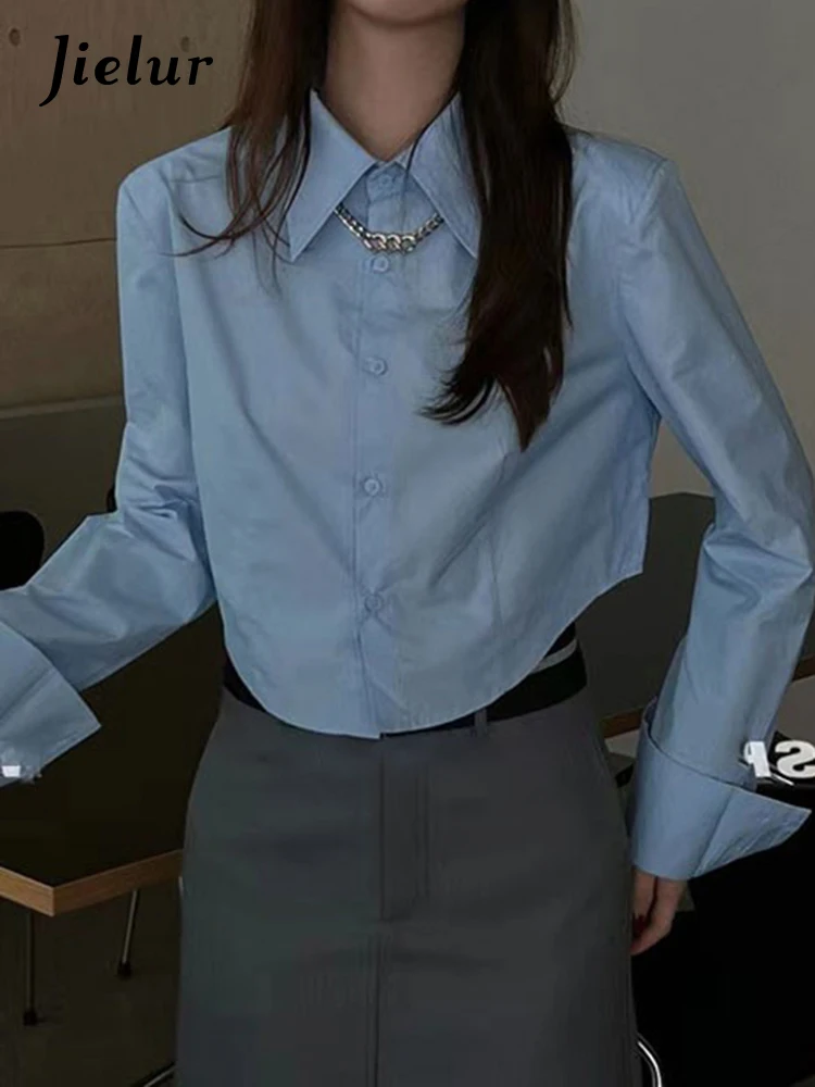 

Jielur Рубашка-поло Женская однотонная, модная базовая сорочка с воротником-стойкой, однобортная с длинным рукавом, на пуговицах, в офисном стиле