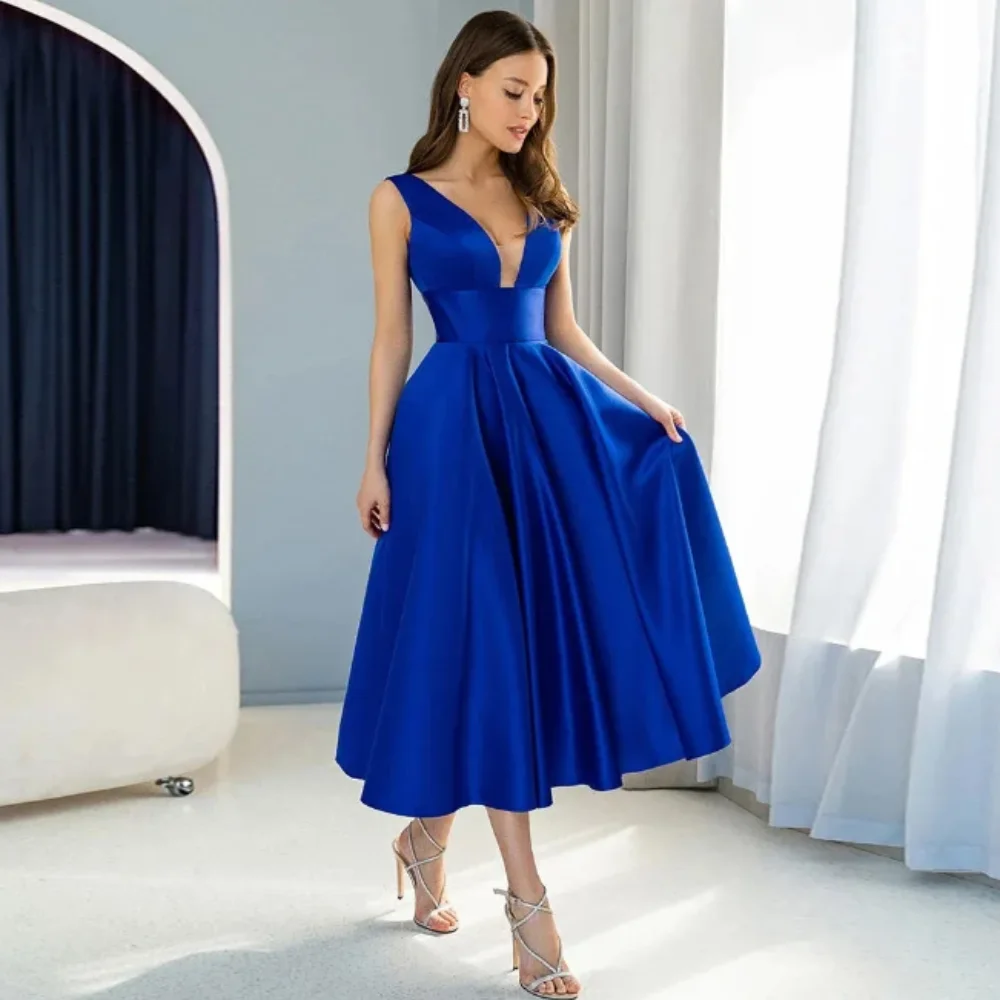 

Blue Simple Satin A-Line Sleeveless Party Prom Gowns V-Neck Evening Dress Customed 2024 New Formal Occassion Wear Robe De Mairee