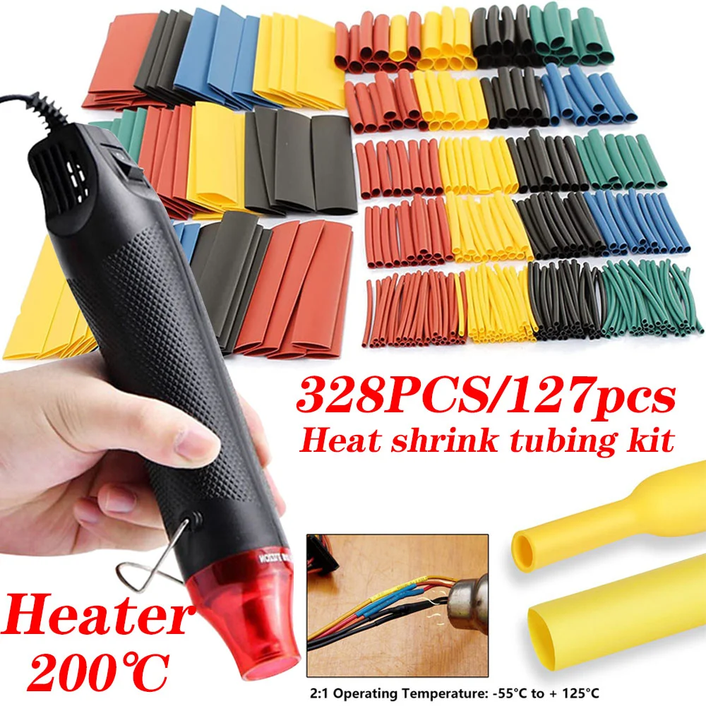 Heat Shrink Tubing Kit 328/127/580PCS 2:1 Shrinkable Wire Wrap with Hot Air Gun Heat Gun Mini Hot Air Gun