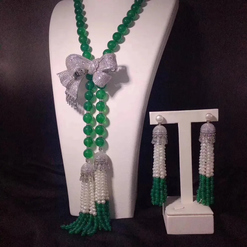 

wholesale freshwater pearl/green jade 8-9mm white near round &bowknot tassel neklace /earrings 45inch