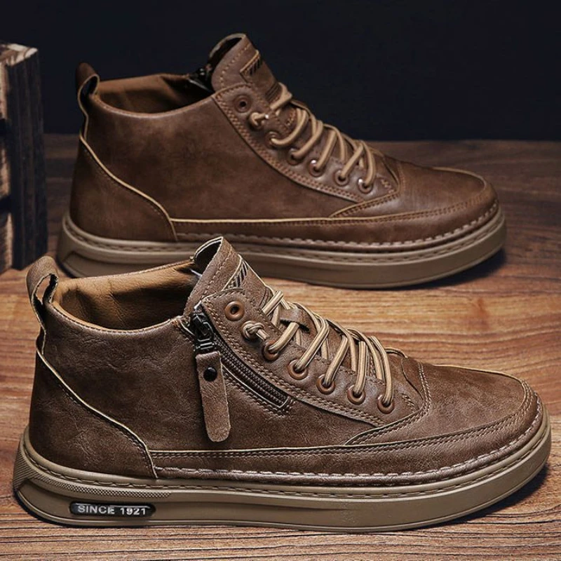 

Мужские высокие повседневные кожаные туфли, Нескользящие, на молнии, спортивная обувь, повседневные лоферы, Осень-зима