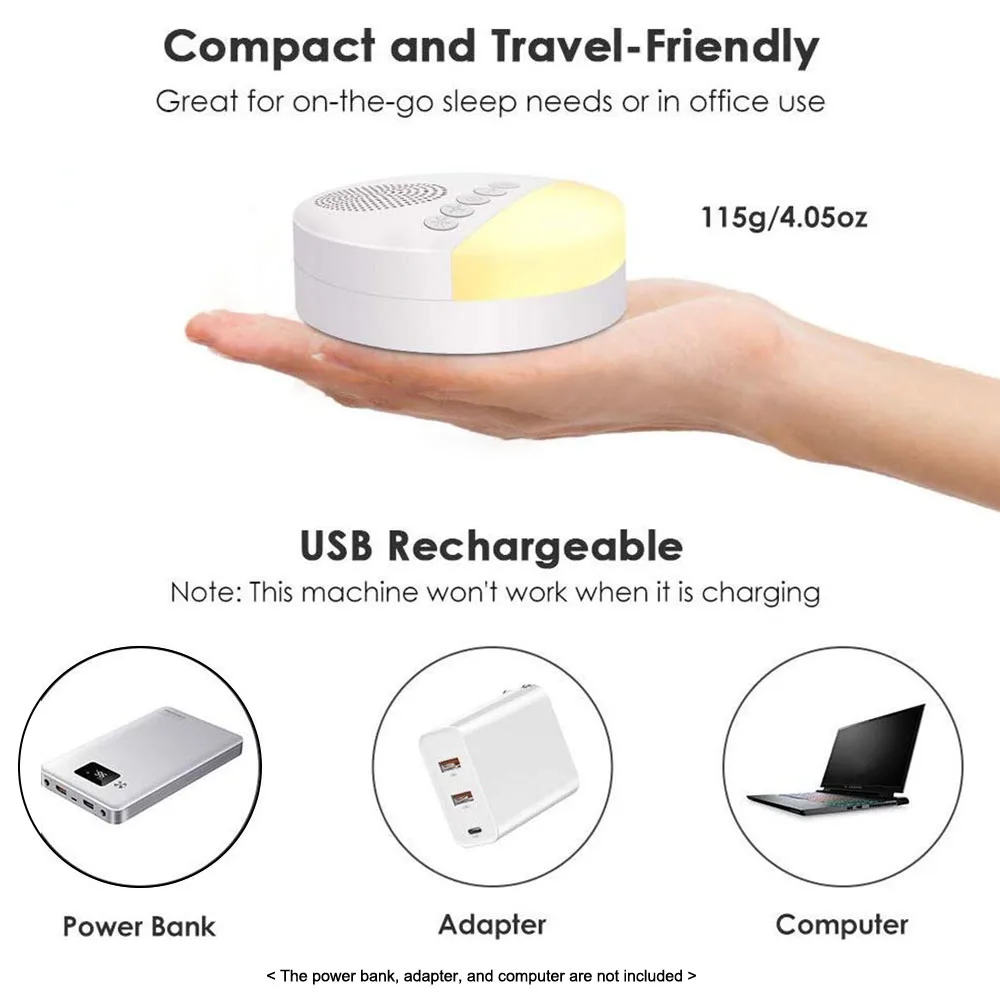 White Noise Machine Music Light Sleep Machine USB Rechargeable 20 Sounds Timed Shutdown Sleep Sound