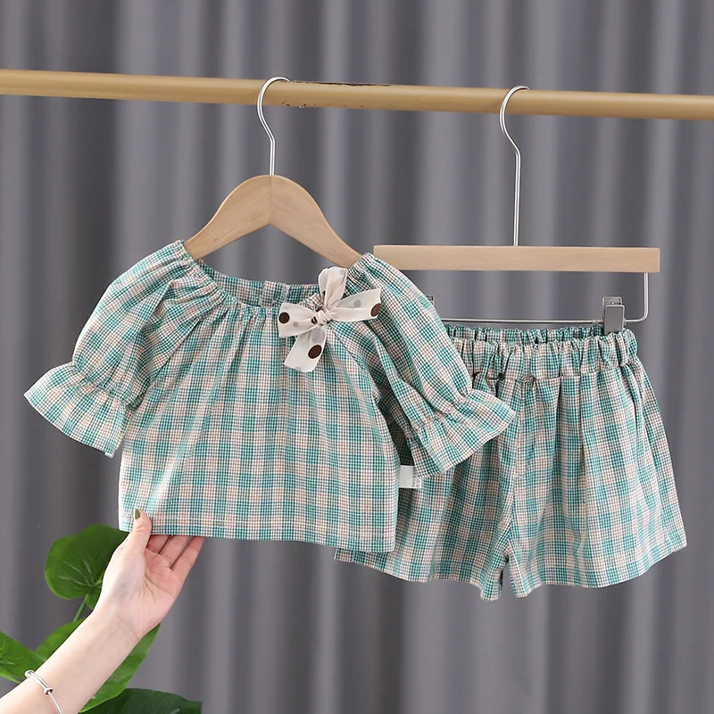 vintage Baby Clothing Set Summer newborn baby girl clothes outfits sets bow plaid short top + shorts 2 pcs suit for girls baby clothing 1st birthday sets Baby Clothing Set Baby Clothing Set