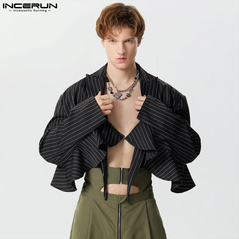

Топы INCERUN 2023, новый мужской укороченный блейзер в американском стиле с оборками по краям, модный Индивидуальный костюм с длинными рукавами, пальто
