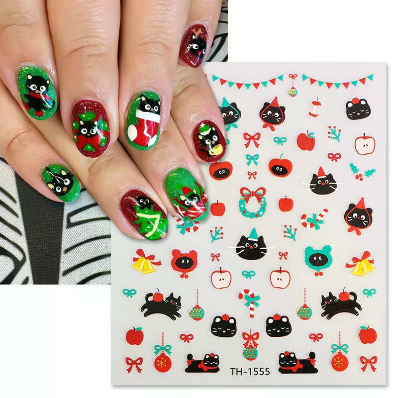 Cute Christmas DIY Nail Decals Sliders - Gingerbread Santa Cat Xmas Tree Bell Stickers for Holiday Party Manicure Decor