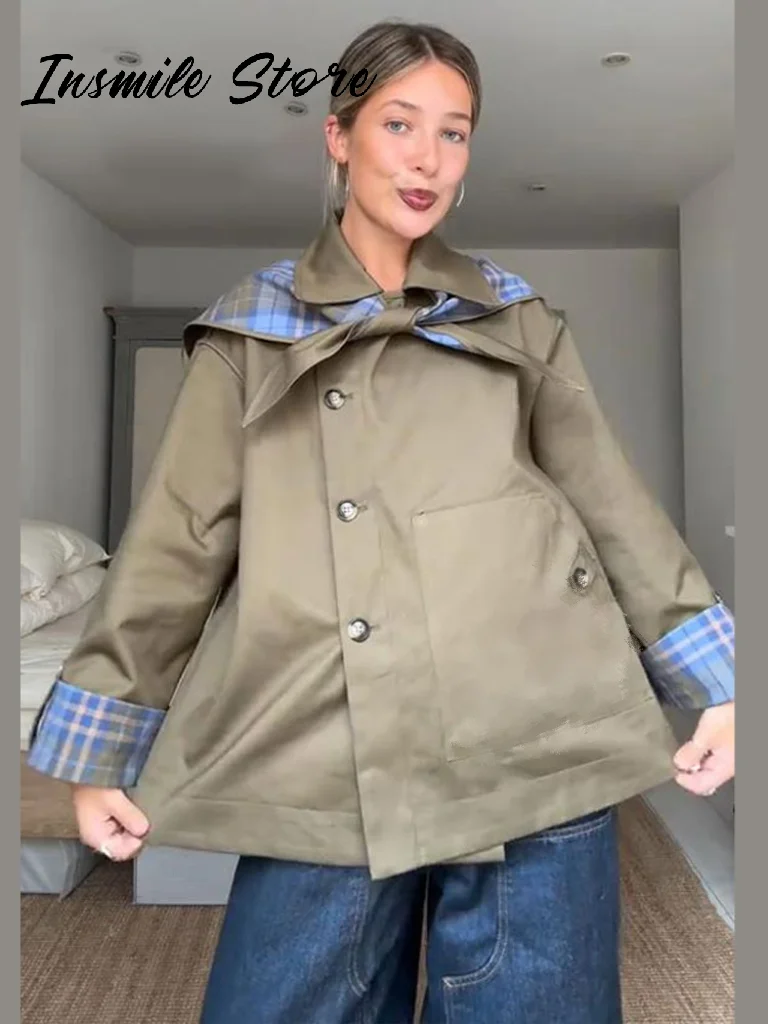 شيك منقوشة مزدوجة الجانب معاطف النساء التلبيب واحدة الصدر كم طويل جيب الدانتيل يصل سترة 2025 الخريف سيدة أبلى غير رسمية جديد