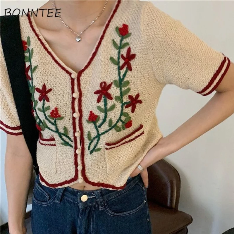 

V-neck Knitted T-shirts Women Summer New Crop Tops Loose Casual Korean Style Pockets Fashion Hotsweet All-match Aesthetic Tender