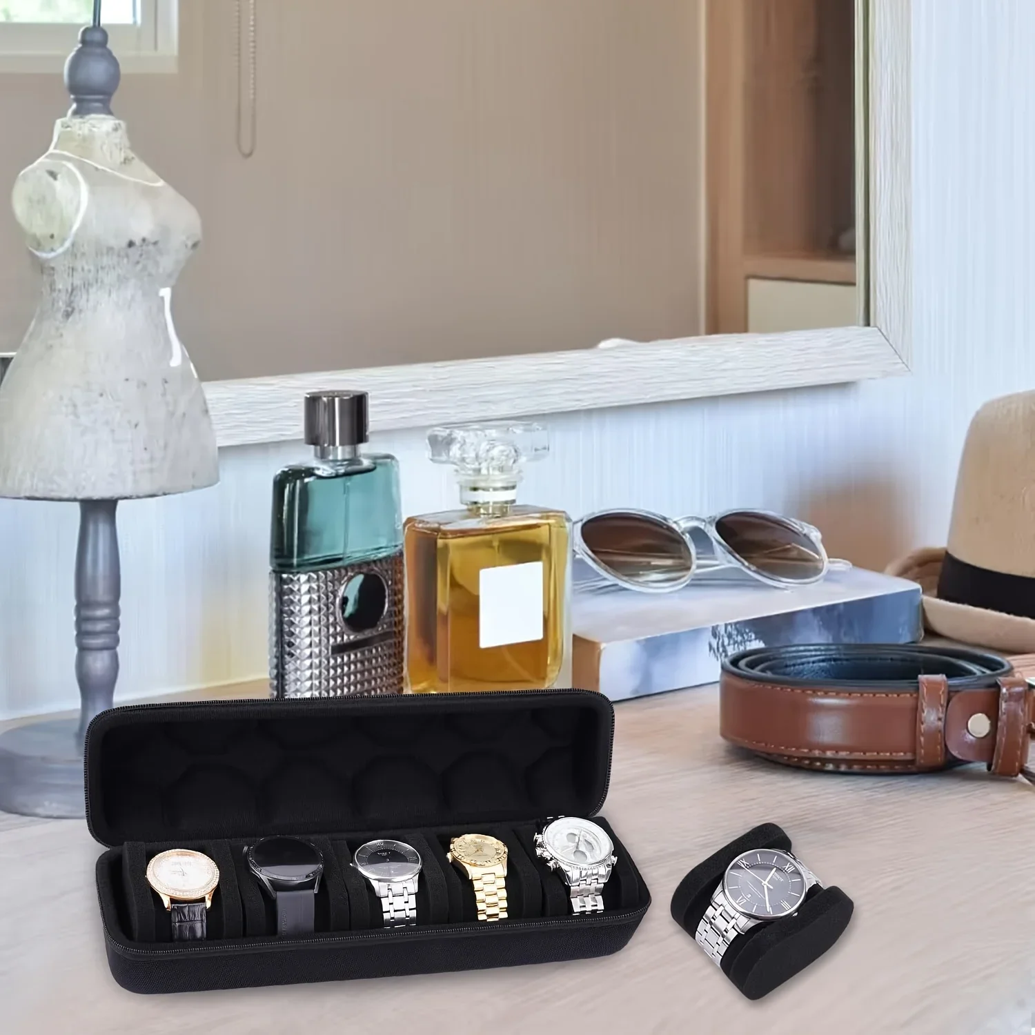 5-Slot Black Nylon Watch Travel Case - Protective Storage Organizer with Watch Pillow, Display Cabinet, and Holder Watch Case