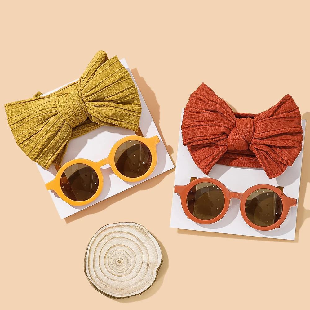 2Pcs/Set Puff Bow Baby Headband Sunglasses Matte Flower Circular Sun Glasses Eye Wear Elastic Nylon Hair Bands Seaside Headdress 3
