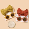 2Pcs/Set Puff Bow Baby Headband Sunglasses Matte Flower Circular Sun Glasses Eye Wear Elastic Nylon Hair Bands Seaside Headdress 3