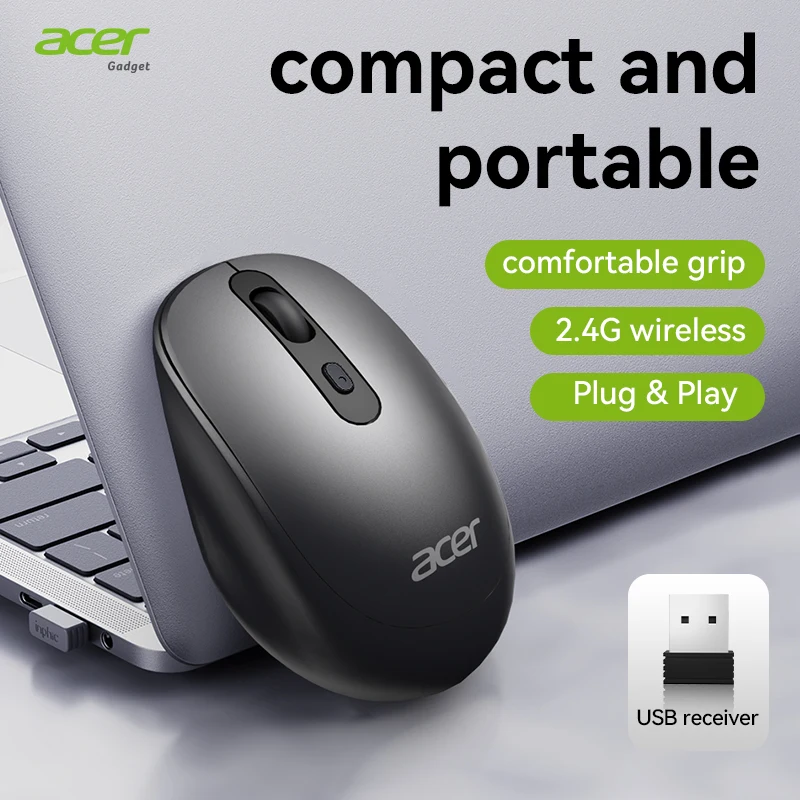 Acer OMR282 무선 마우스, 2.4GHz 컴퓨터 마우스, USB-A 수신기가 있는 사무용 무선 USB 마우스, PC, 노트북과 호환 가능