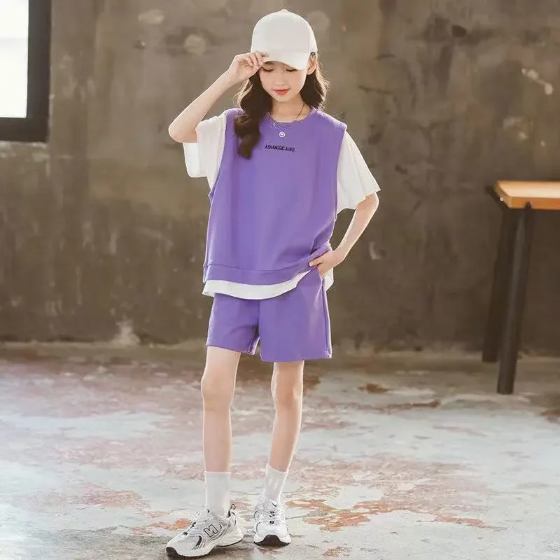 Summer Girl Suit Baby Short Sleeve Top +shorts 2pc Girls Outfits Loose Kids Sportswear Casual Children Clothing Sets