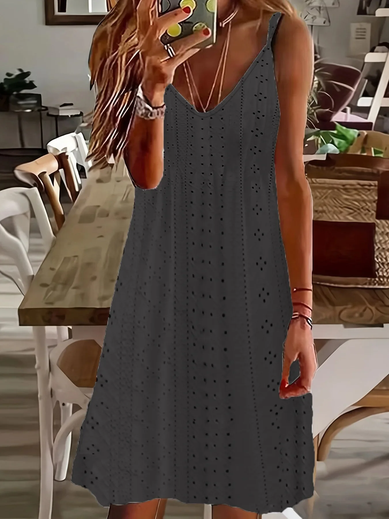 thumbnail image 1 of 2024 AliExpress Europe and the United States Plus Size Women's Summer New Cutout Jacquard V-Neck Strap Solid Color Dress, 1 of 5