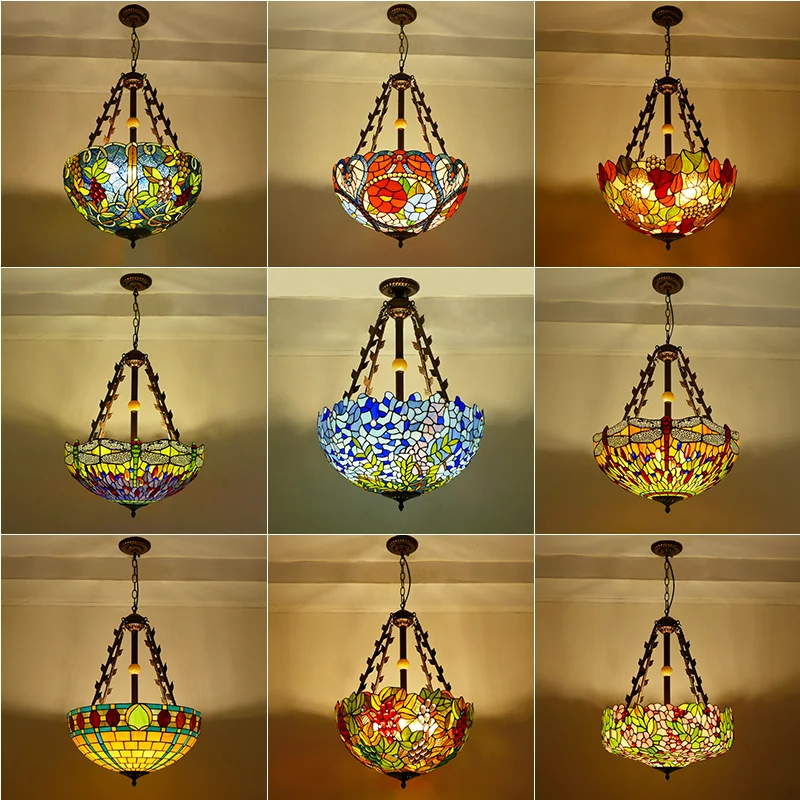 

New Tiffany European Style Large Bedroom Living Room Reverse Chandelier Retro Rural Restaurant Hotel Stained Glass Chandelier