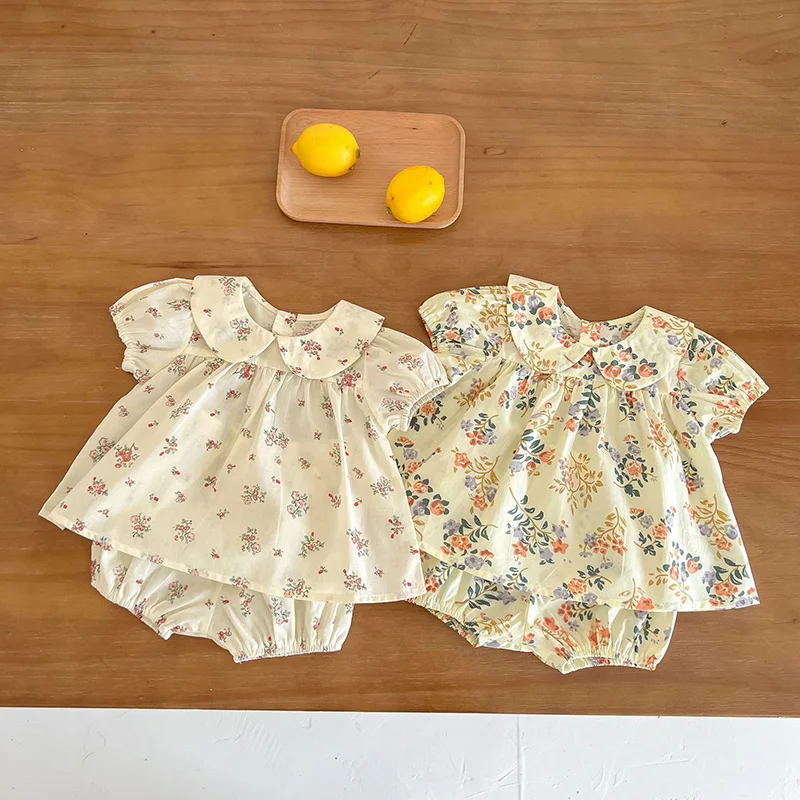 baby clothing set long sleeve	 MILANCEL 2022 Summer Baby Clothing Set Floral Baby Girls Suits Peter Pan Collar Tee and Bloomer 2 Pcs Baby Clothing Set luxury