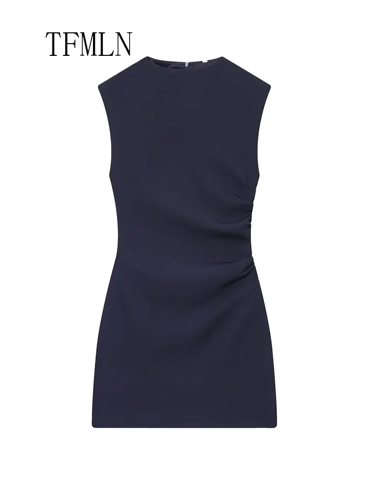 Fashion Striped Pleated Mini Dresses For Women 2026 Spring Elegant O-neck Sleeveless Slim Causal Dress Retro Back Zipper Dress