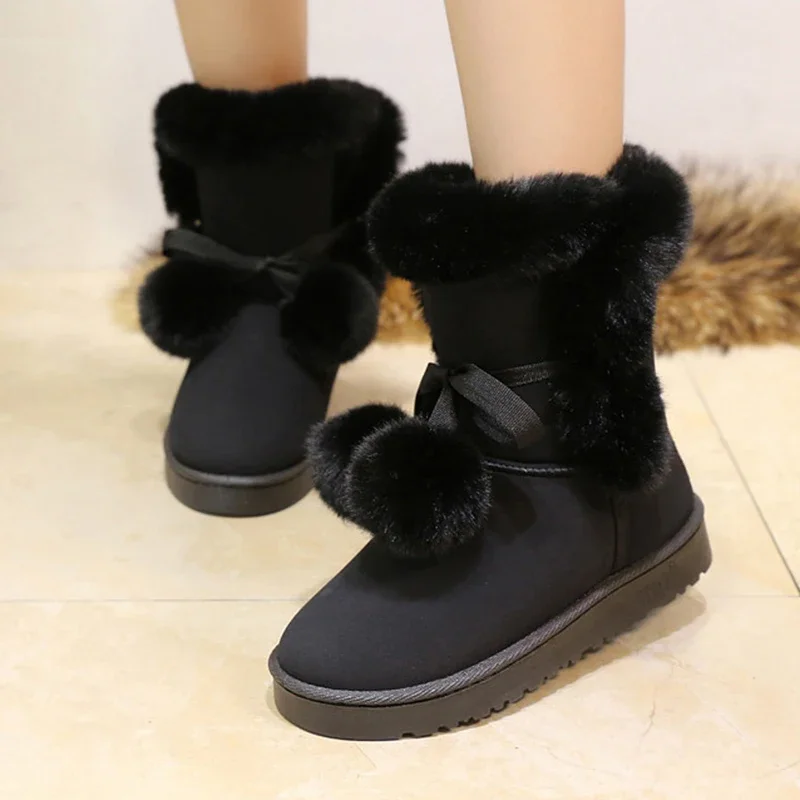 Sweet Pink Furry Non Slip Snow Boots Women 2025 Winter Warm Fluffy Fur Flats Ankle Boots Cute Pom-Pom Designer Girl's Shoes 41