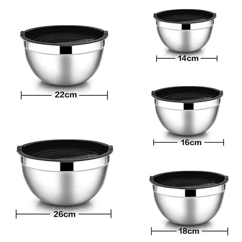 Hot 5 Pcs Mixing Bowl,Stainless Steel Stackable Salad Bowl with Airtight Lid,Serving Bowl for Kitchen Cooking Baking,Etc