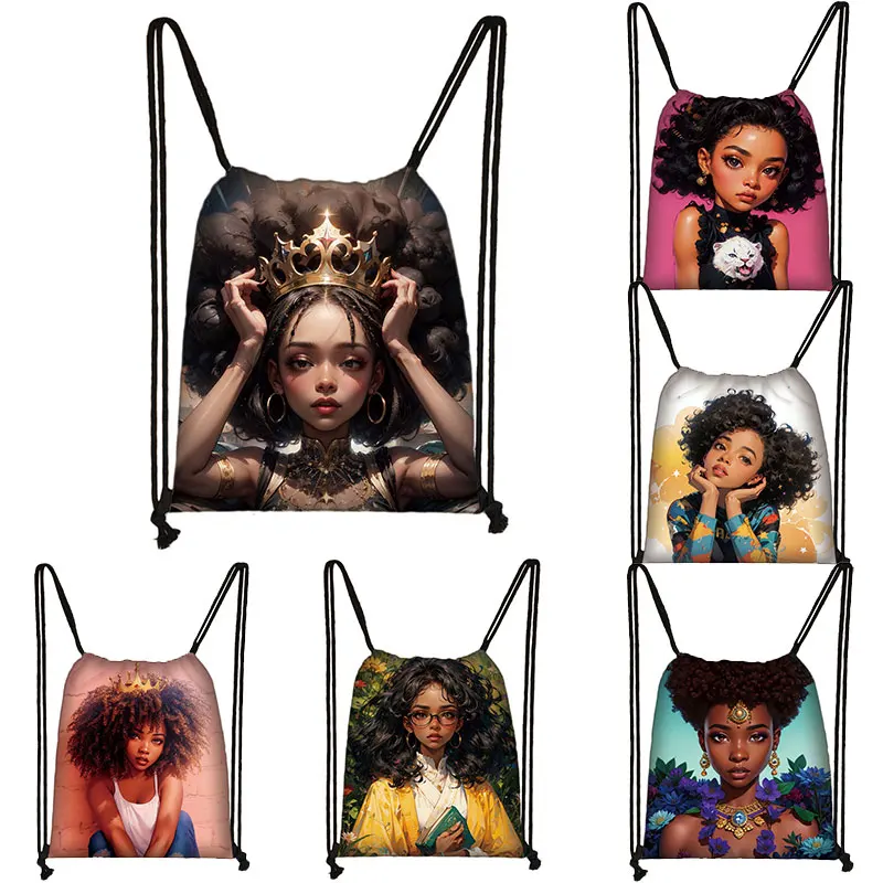 

American Africa Women Print Backpack Cute Afro Melanin Drawstring Bags Outdoor Travel Storage Bag Shoes Holder Bookbags Gifts