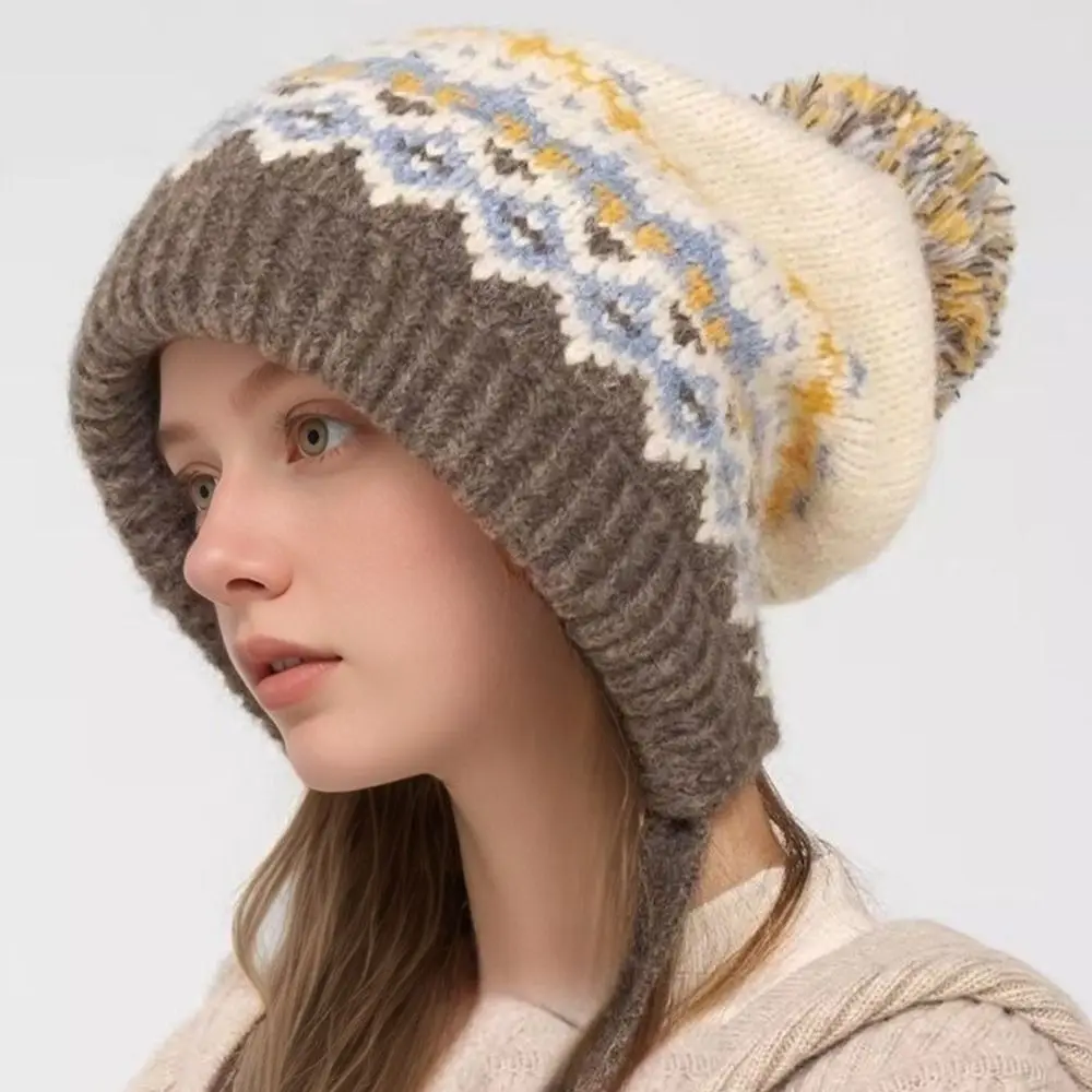 New Pompom Warm Hat Windproof Knitted Beanie Cap Thickned Cold Proof Ear Protection Hat Women