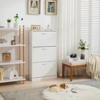 White Narrow Storage Cabinet Flip Down Shoe Rack Wood 3 Tier Shoe Organizer for Home and Apartment, Shoes Cabinets 1