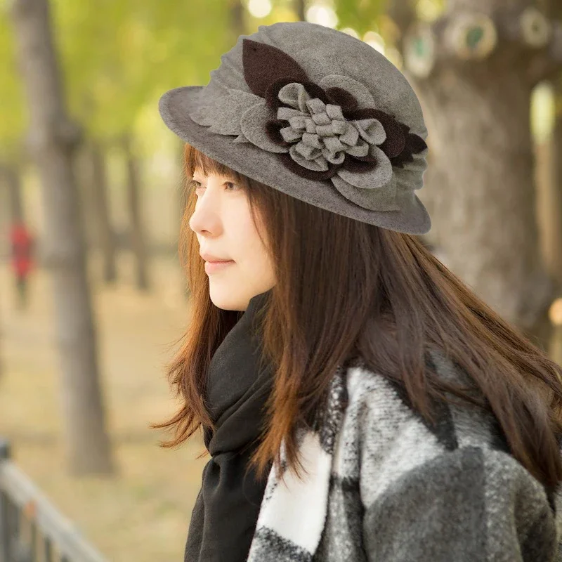 Autumn Winter Hats for Women New Classic Simple Wool Lamb Bucket Warm Ceremonial Hat Vinatge Chinese Knot Flowers Mom Hat - 2