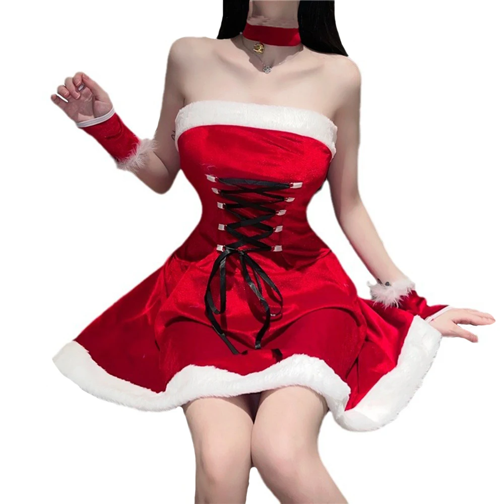 

Womens Christmas Cosplay Costume Kawaii Bandage Santa Velvet Fancy Dress Christmas Halloween New Year Party Nightdress Club Wear