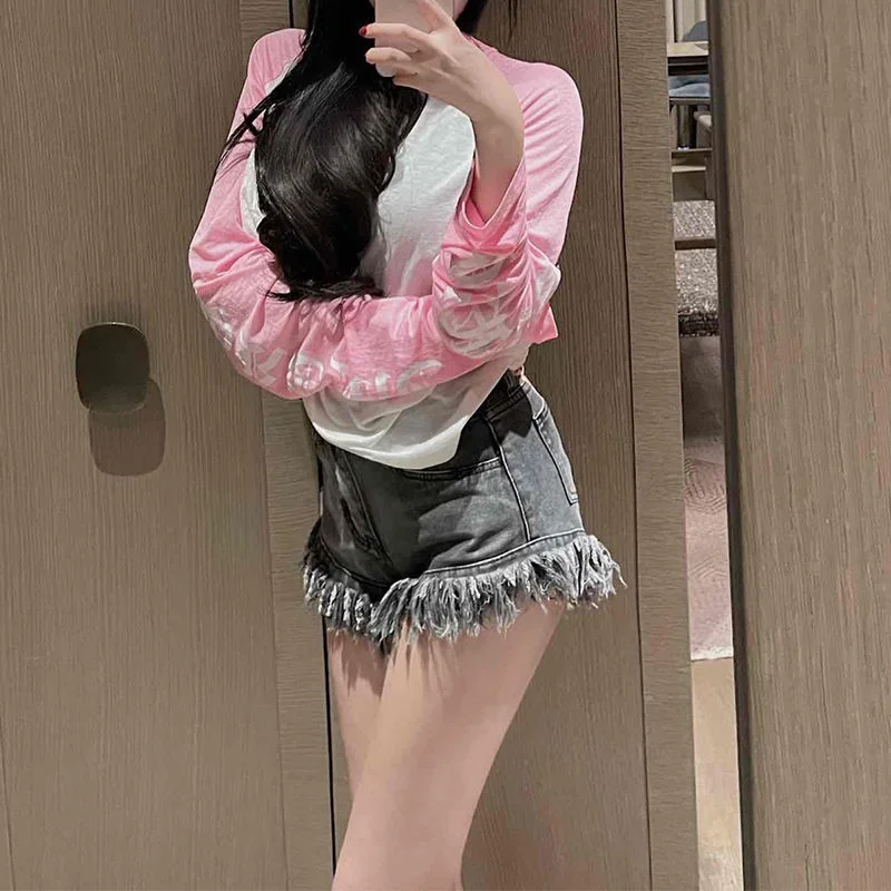 Raw Edge Fringe Gothic Style Denim Shorts Female Summer American Street High Waist Design Sense Casual A Word Super Short