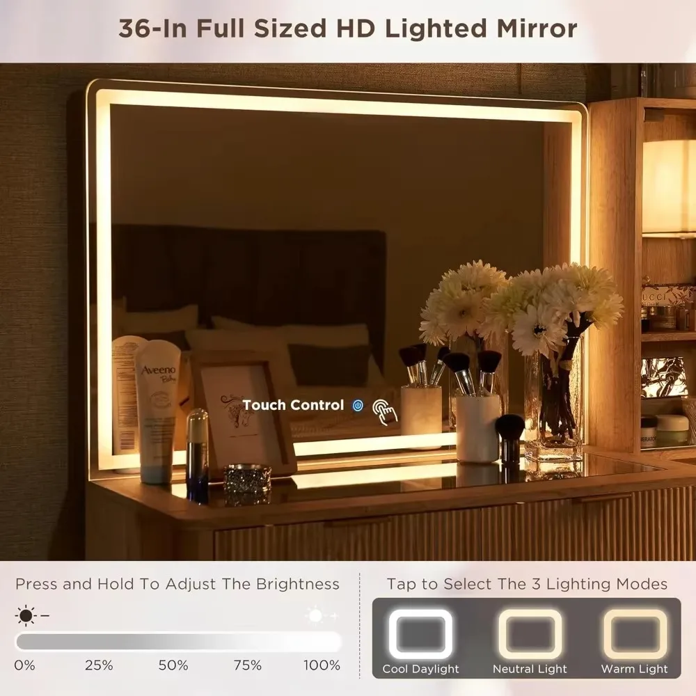 Vanity Desk with 36" HD Lighted Mirror,48" Big Modern Vanity Desk with Mirror and Lights,Dressing Table with 5 Drawers & Shelves 2