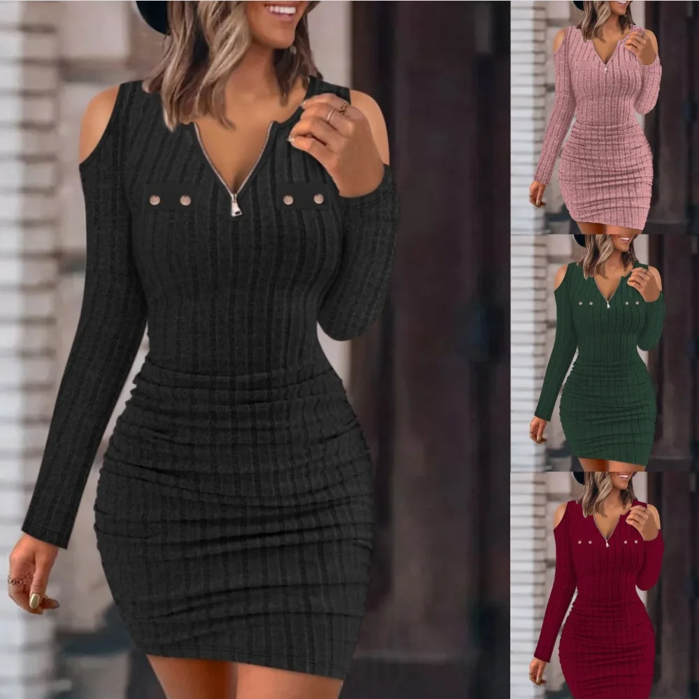 

Autumn Winter Solid Color Zipper V-neck Dress Women's Off Shoulder Fashion Sexy Elegant Long-sleeved Mini Party Bodycon Dress