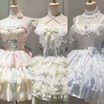Summer Sweet Lolita Y2k Mini Dresses Women Lace Patchwork Short Sleeve Elegant Bandage French Vintage Short Party Dress Female 1