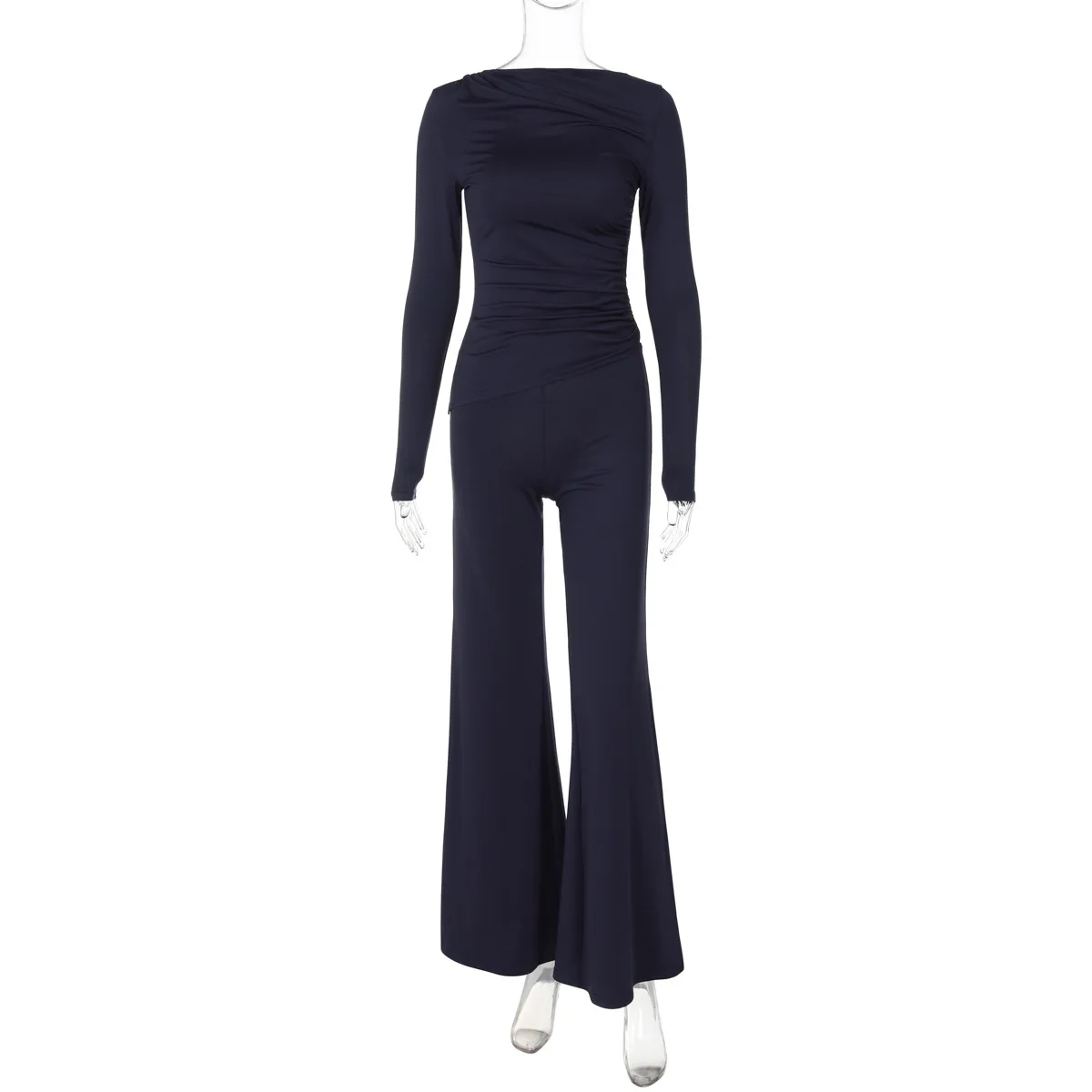 Fashion Autumn 2 Piece-Set Female Flared Pants Streetwear Slim Pleated Long Sleeve Casual Outfits Women's Pants Sets