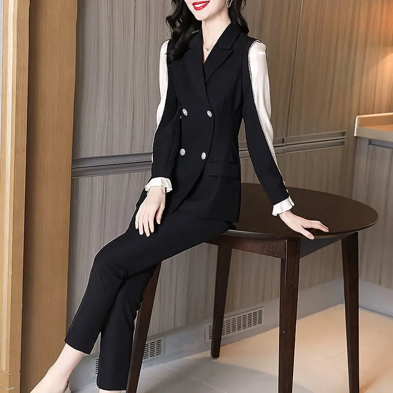 Black Patchwork Blazers Pants Two Piece Set Spring Autumn Women Workwear Office Lady Graceful Slim Suit Coat Trousers Outfits