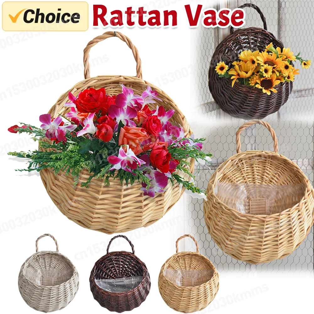 Hanging Planter Wall Mounted Basket Handmade Wicker Flower Pot Woven Rattan Flower Plant Basket Balcony Garden Home Decor