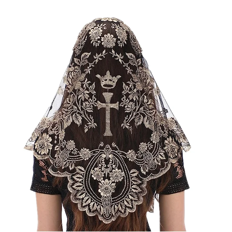 WomenHeadCoveringBridalWeddingCrossEmbroideryCatholicChurch