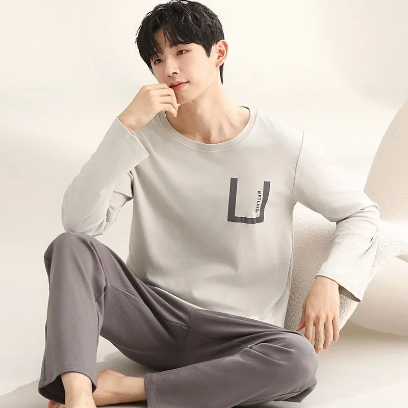 New Spring Autumn Plus Size Long Sleeve Cotton Pajama Sets for Men Korean Loose Sleepwear Pyjama Male Homewear Home Clothes