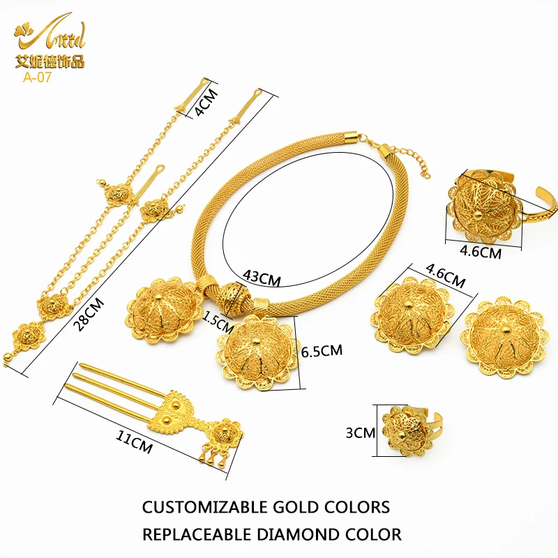 Bridal Jewelry Sets for ANIID Dubai Ethiopian Flower Shape Plated 6pcs for Women Nigerian Luxury Necklace Wedding Party Gifts