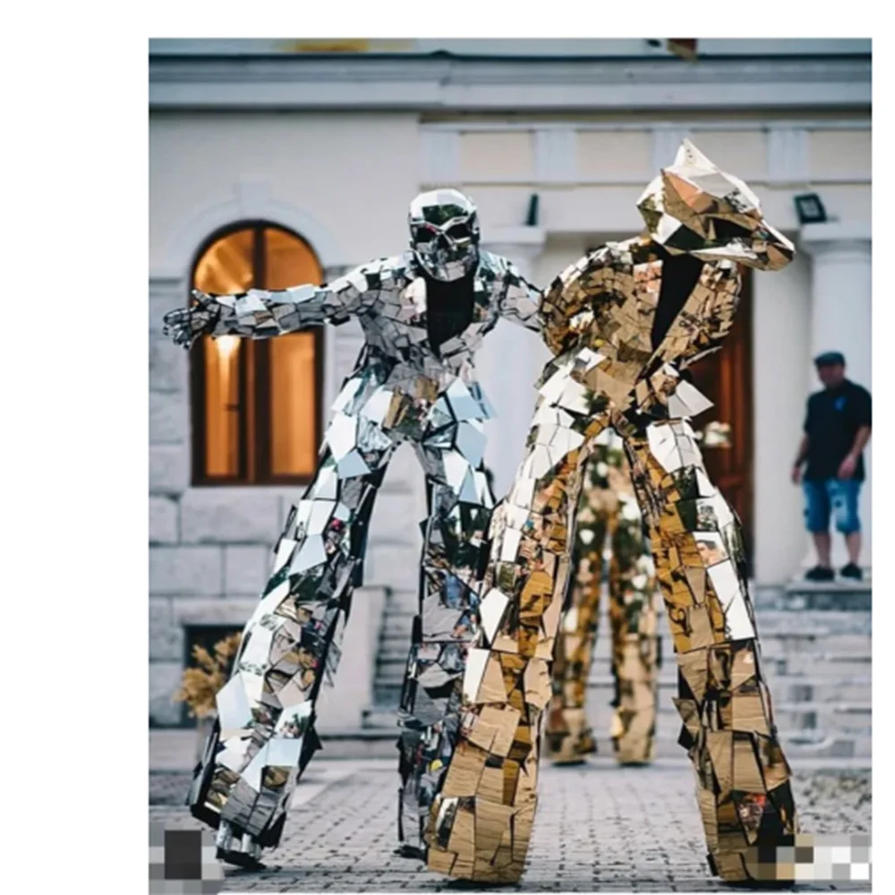 

Customized Hand Sew Mirror Face Stilt Dress Man Parade Performance Costume