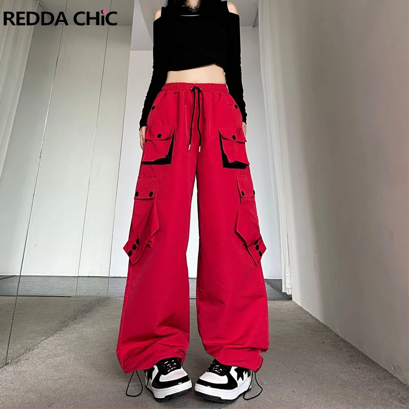 

ReddaChic Hiphop Women Multi-pocket Cargo Pants Drawstring Parachute Elastic Waist Oversize Sweatpants Jazz Kpop Casual Pants