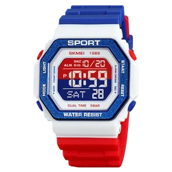 Enhanced Digital Sports Watch for Men - LED Display, Countdown Timer, Waterproof, Alarm Clock (Red blue)