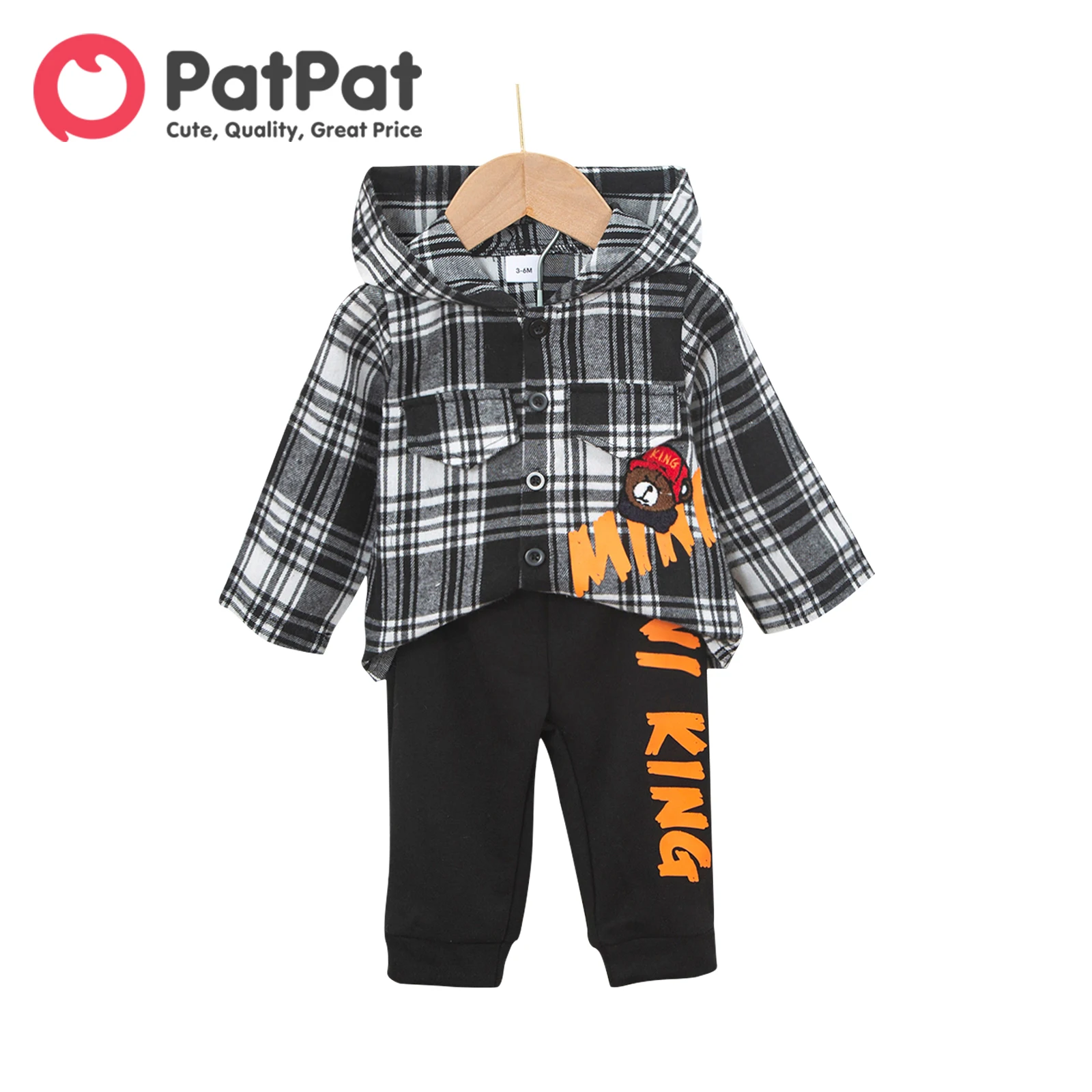 

PatPat 2pcs Baby Boy Bear Embroidered Letter Print Plaid Hooded Long-sleeve Shirt Jacket and Sweatpants Set