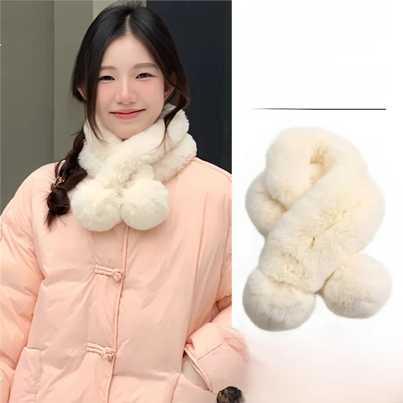 Off-white imitation rex rabbit fur scarf (double ball)