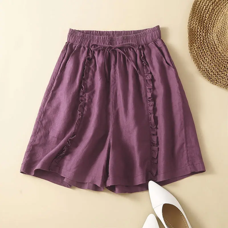 2022 Summer New Solid Color Aesthetic Casual Shorts Women Cotton Hemp Fungus Loose Wide-leg Pants Design Ethnic Style Trousers