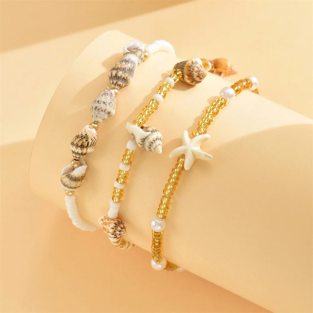 3pcs/Set Cute Starfish Shell Conch Pearl Anklets For Women Rice Beads Foot Chain Ankle Bracelet Beach Jewelry Summer Accessories