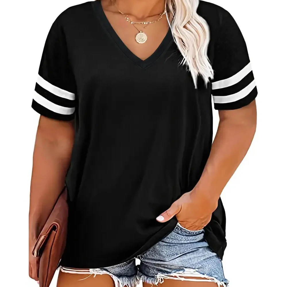 

Summer V-neck Short-sleeved New Color Combination Large Size Loose T-shirt Women's Casual Comfortable Stripes Thin Shirt