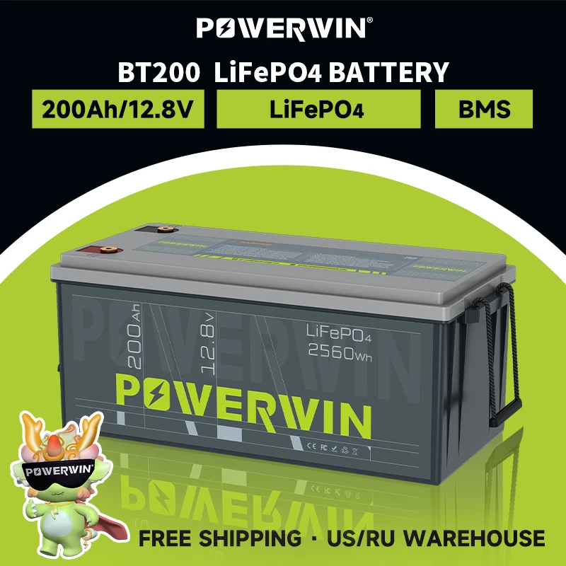 

POWERWIN LiFePO4 Battery200Ah 2560Wh Large Capacity BT200 12.8V BMS Solar generator Campers deep Cycles Series/Parallel Durable