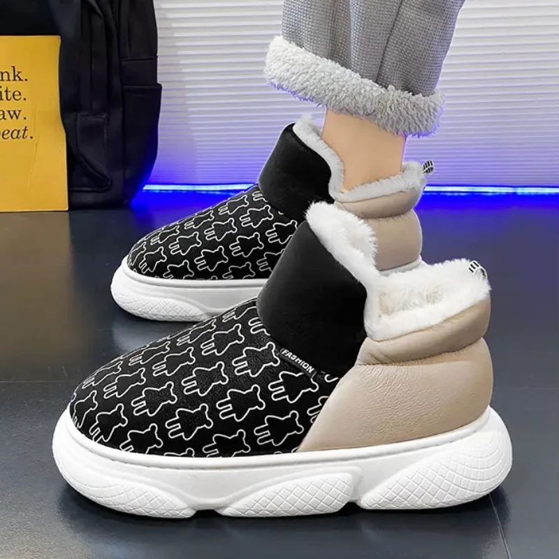 Men Winter Cotton Slippers Warm Shoes Lining Plush Indoor Couple Slides Platform High Top Snow Boots Couple Kids Home Slippers