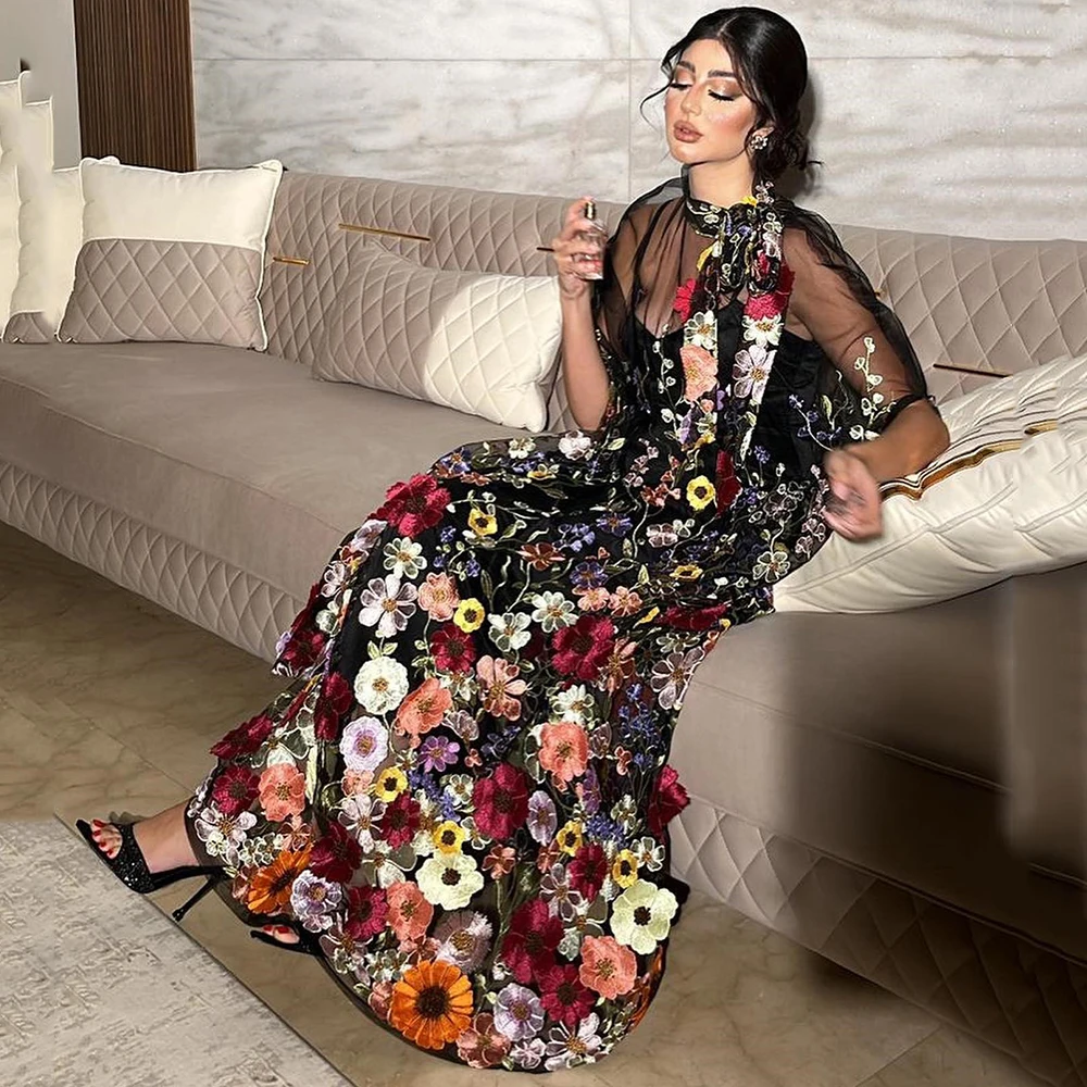 

Embroidered Flower Illusion Evening Party Dresses Vintage Women Prom Gown Sexy Straight Maxi Dress فساتين السهرة 2023 جديده