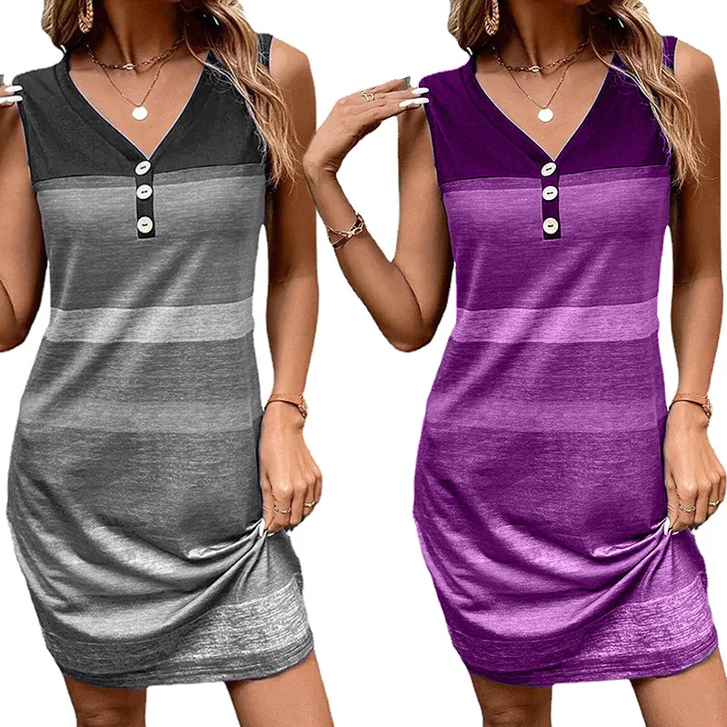 

Women's Summer Sleeveless Dress Fashion Casual Stripe Printed Mini Dress V-neck Button Party Loose Tank Top Dress